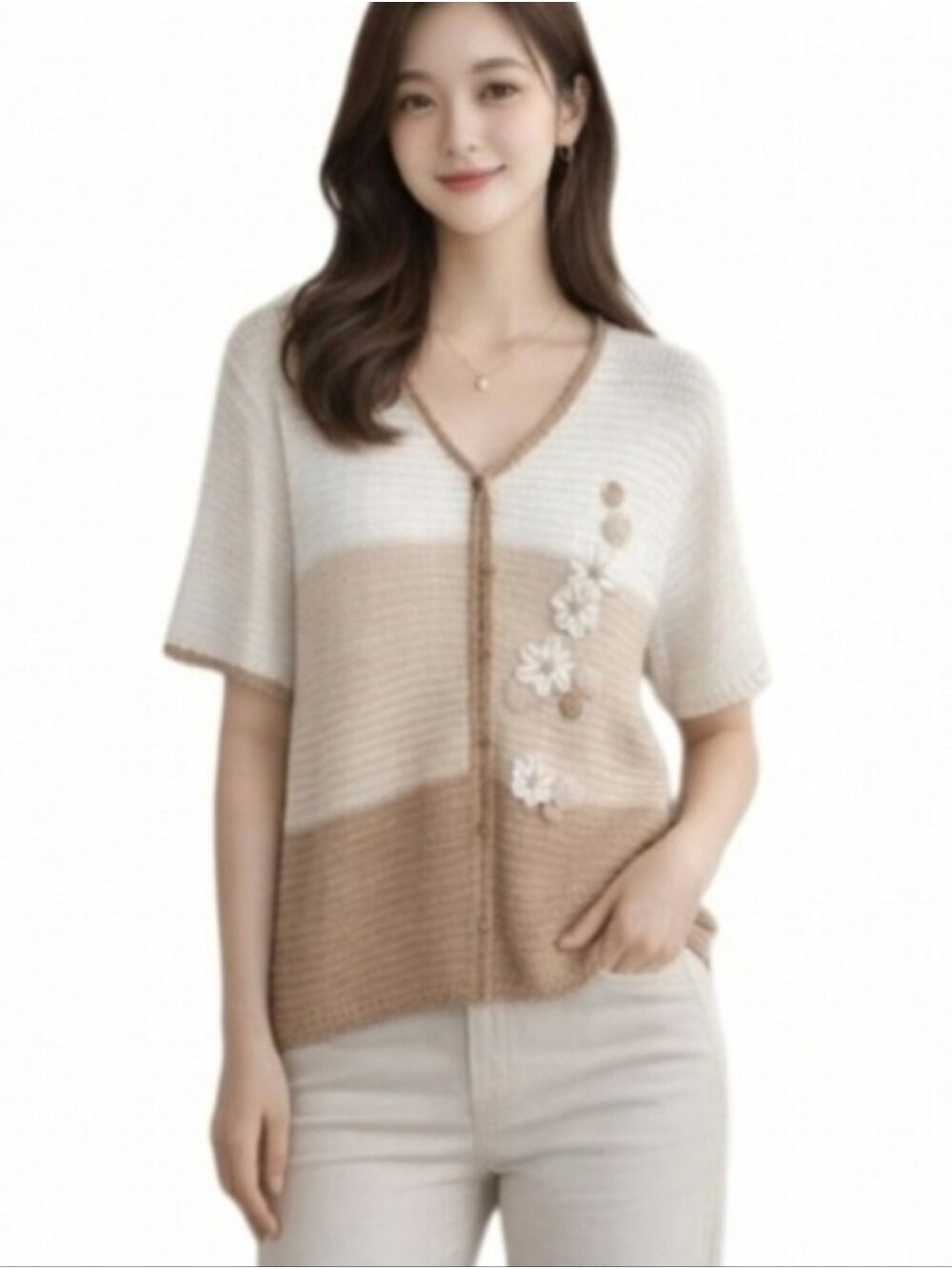 Sag Harbor White and Tan Short Sleeve Knit Cardigan With Floral Appliques